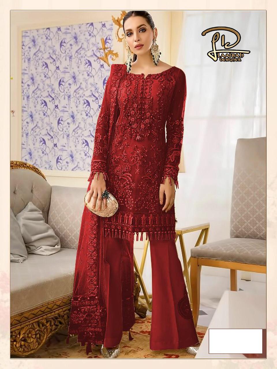 LAAIBAH GULAL RED NET PAKISTANI SUITS SUPPLIER