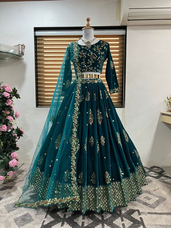 Buy Bottle Green Velvet Bridal Wear Dori Work Lehenga Choli Online From  Wholesale Salwar.