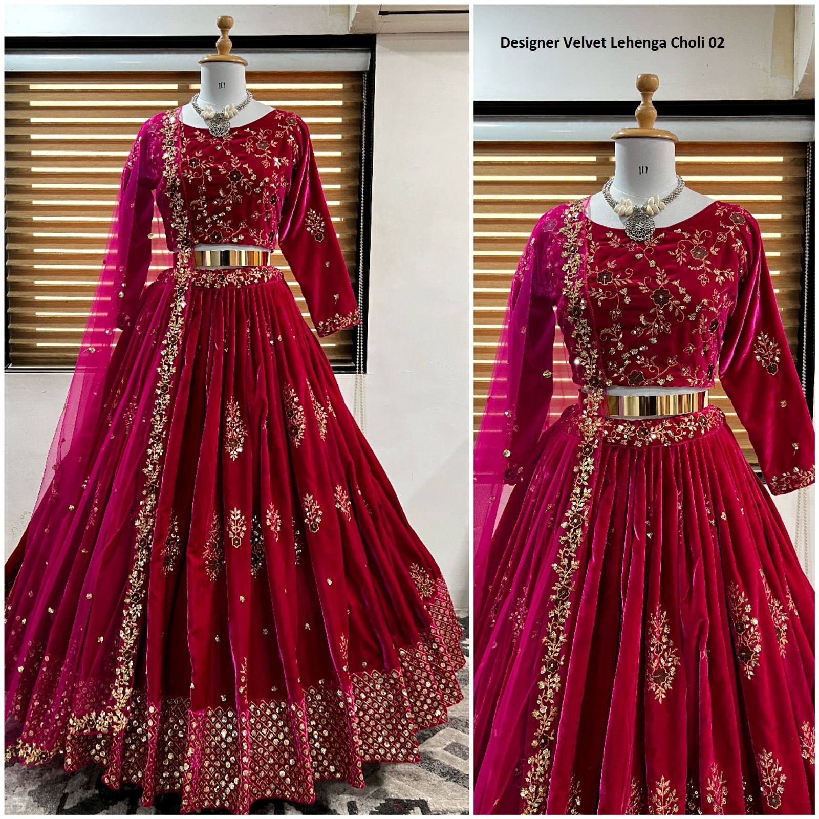 Designer Long Lehenga Choli Thread Velvet in Red buy online - New Arrivals