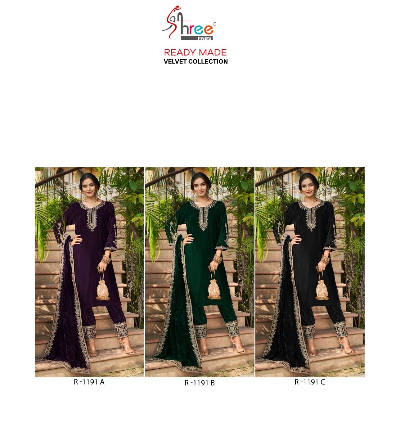 SHREE FABS R 1191 A TO C READYMADE VELVET SUITS